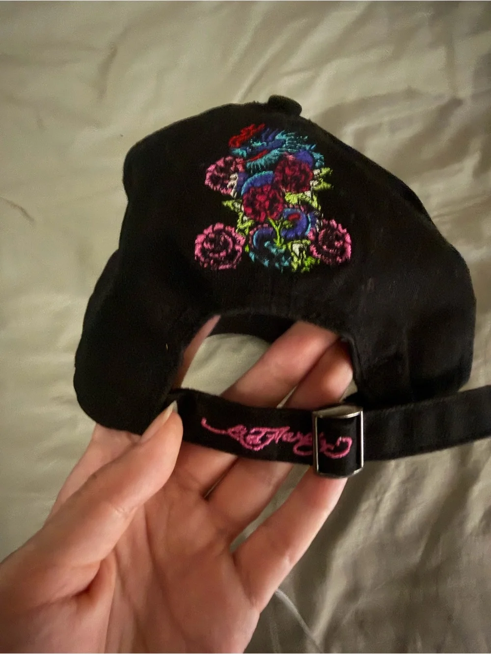 Ed Hardy and Christian Audigier Y2K Black Cap with Blue Dragon & Pink Rose RARE